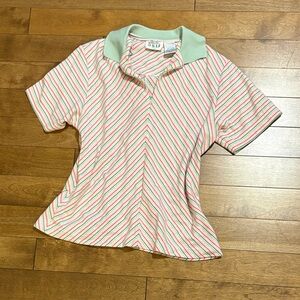 Vintage Striped Polo Top with Mint Collar